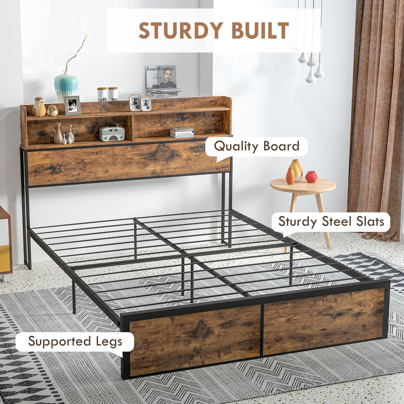 King Size Industrial Bed Frame With Storage Headboard And Slatted Base Rustic Brown