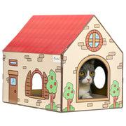 Two in One Cat House with Scratching Board and Catnip for Indoor Cats Brown