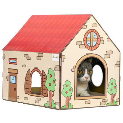 Two in One Cat House with Scratching Board and Catnip for Indoor Cats Brown