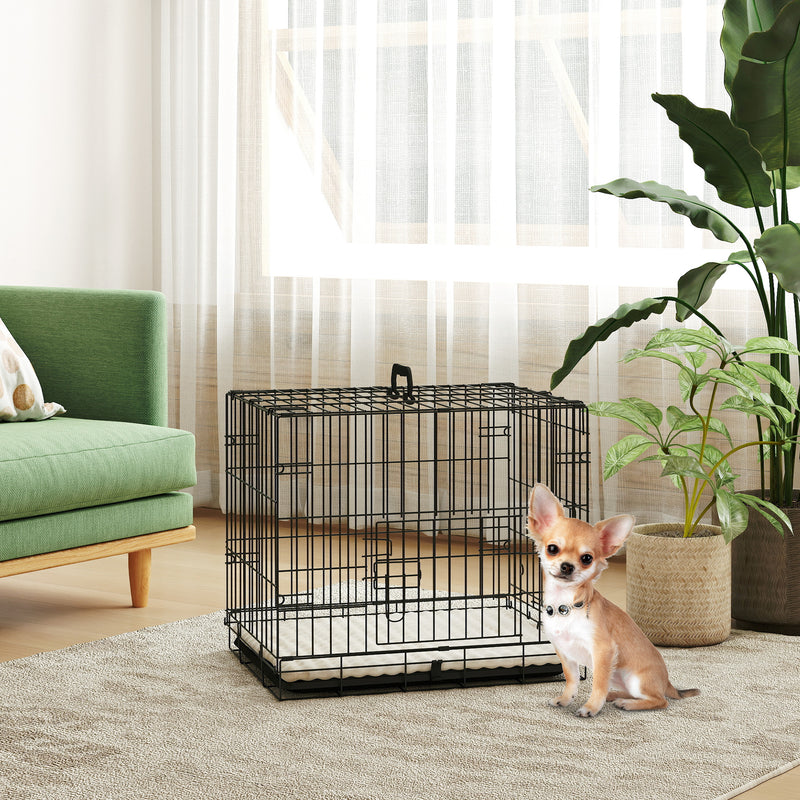 Foldable Black Dog Crate with Two Doors Tray and Cushion for Extra Small Dogs 60 x 40 x 50 by PawHut