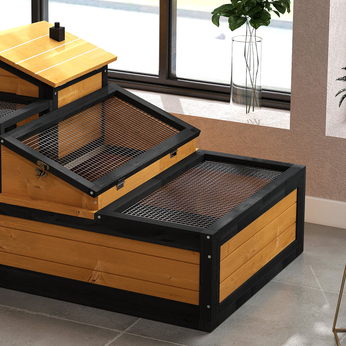 Wooden Tortoise House with Balcony Tray and Roof for Indoor and Outdoor Yellow by PawHut