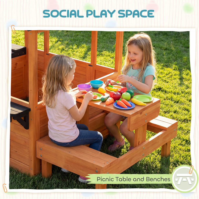 Wooden Outdoor Playhouse With Benches and Snack Bar for Creative Kids Role Play Light Brown Aiyaplay