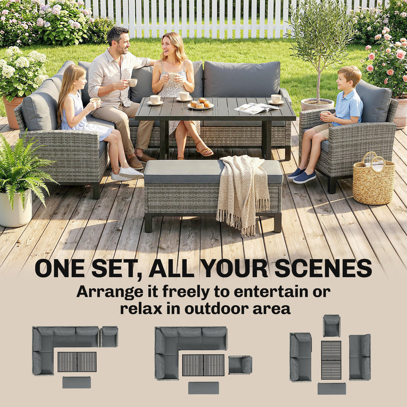 9-Seater Rattan Garden Corner Sofa Set with Cushions and Dining Table — Dark Grey or Light Grey