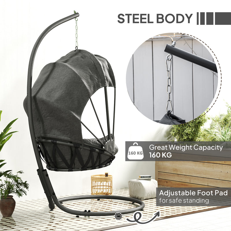 Grey Hanging Egg Chair Swing with Stand Cushion and Retractable Canopy for Indoor or Outdoor by Outsunny