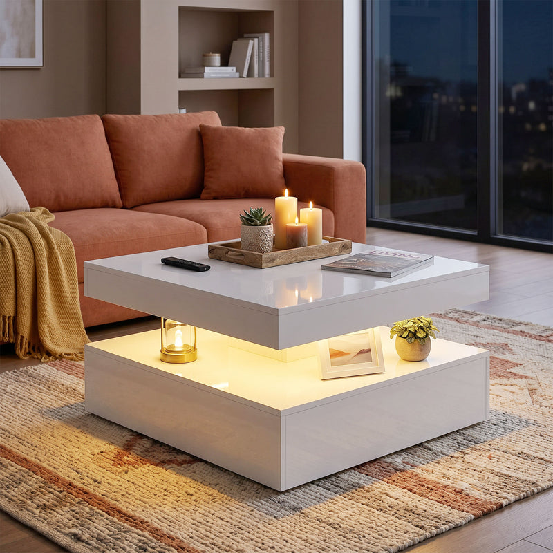 Coffee Table with LED Mood Lighting and Storage Shelf for Organised Living Room High Gloss White