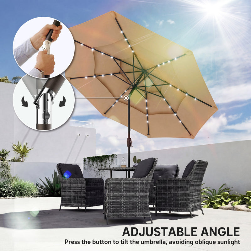 Garden Parasol with Solar LED Lights and Adjustable Shade for Outdoor Dining Khaki Outsunny