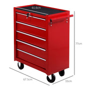 Lockable 5 Drawer Steel Tool Chest on Wheels with Side Handle for Garage or Workshop Red