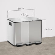 Kitchen Pedal Bin with Three Compartments for Easy Waste and Recycling Sorting Silver Tone AOSOM