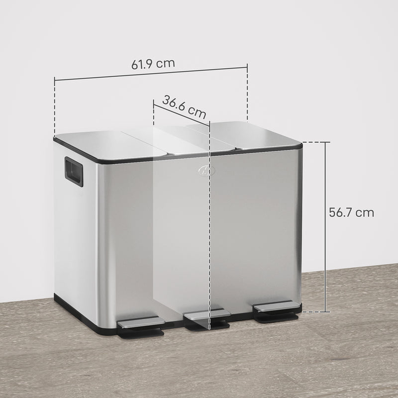 Kitchen Pedal Bin with Three Compartments for Easy Waste and Recycling Sorting Silver Tone AOSOM