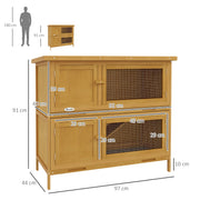 Two Tier Wooden Rabbit Hutch with Slide Out Tray for Outdoor Use, Yellow
