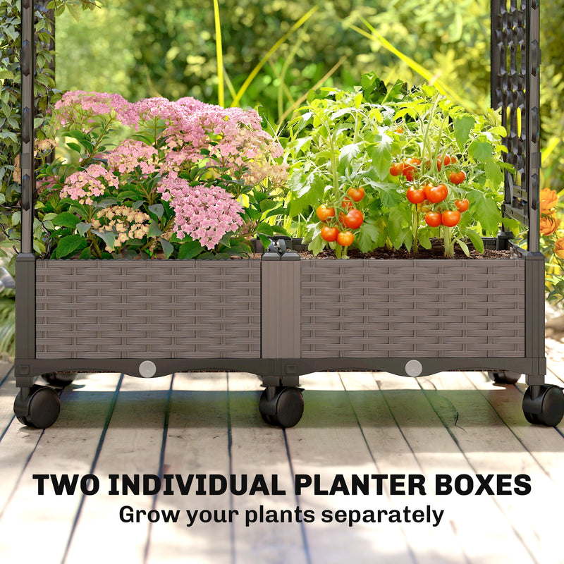Raised Garden Planter with Trellis Arch and Wheels for Climbing Plants and Easy Movement, Black Outsunny