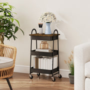 3 Tier Rolling Kitchen Storage Trolley With Top Board For Easy Organisation, Rustic Brown and Black