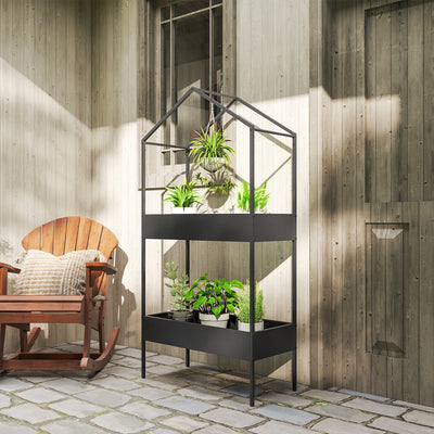 Two Tier House Shaped Plant Stand for Indoor or Outdoor Display with Adjustable Feet Black Outsunny