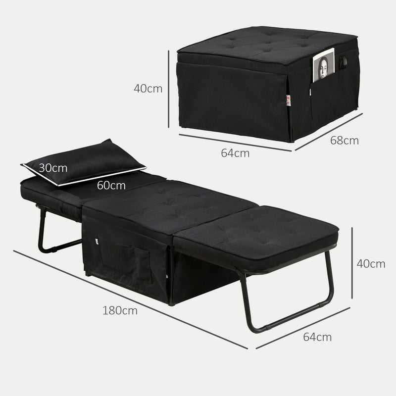 Folding Sleeper Chair Bed with Adjustable Backrest and Side Pockets for Lounge Use Black