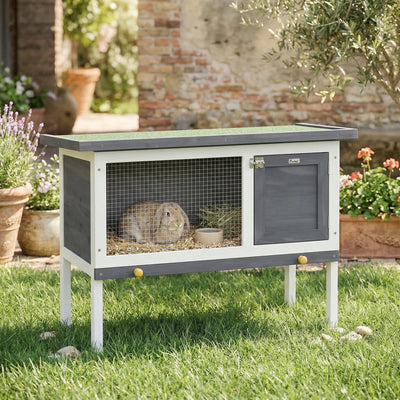Wooden Outdoor Rabbit Hutch with Raised Base and Easy Clean Tray Grey White AOSOM