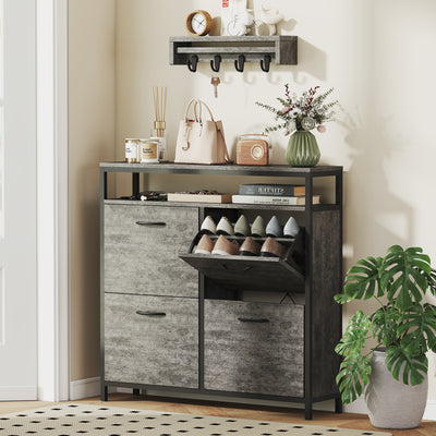 Shoe Storage Cabinet with 4 Flip Drawers and Open Shelf for Hallway Organisation, Cement Grey