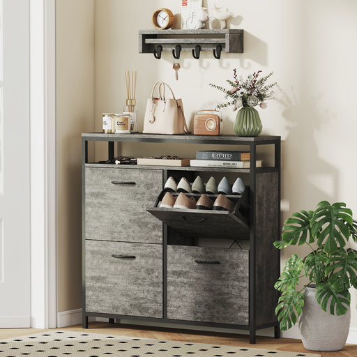 Shoe Storage Cabinet with 4 Flip Drawers and Open Shelf for Hallway Organisation, Cement Grey