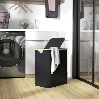 Black 80L Collapsible Double Laundry Basket With Lid and Handles by HOMCOM