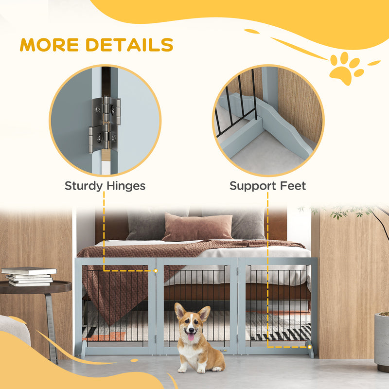 Grey Foldable Pet Gate with Three Panels and Two Support Feet by PawHut