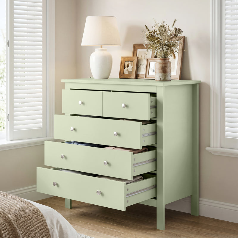 Chest of Drawers with 5 Wide Storage Drawers for Organising Bedroom Clothes Sage Green