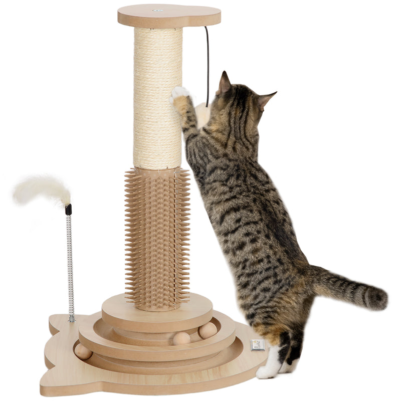 49cm 5 in 1 Cat Scratching Post with Sisal Track Ball Brush and Toys Oak Tone by PawHut