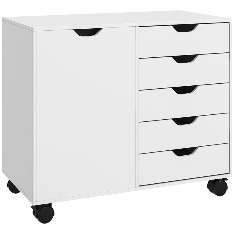 Mobile Office Storage Cabinet With Drawers And Shelves On Wheels, White