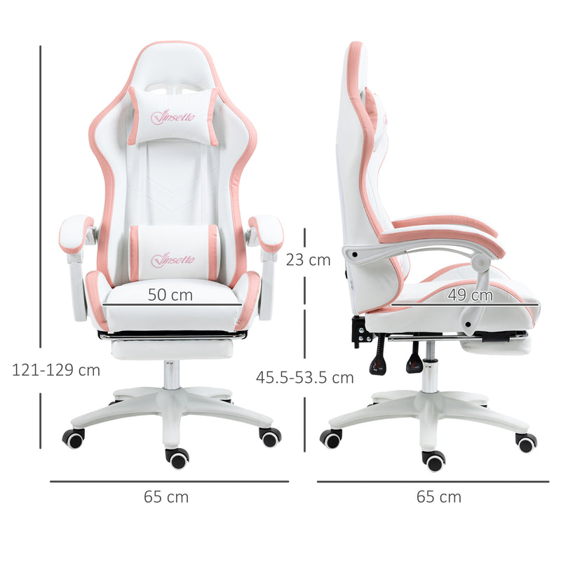 White and Pink Gaming Chair for Adults with Footrest Lumbar Support and Reclining Back
