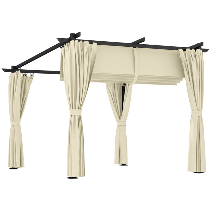 Beige 3 x 3 m Retractable Roof Pergola with Curtains for Garden and Patio by Outsunny