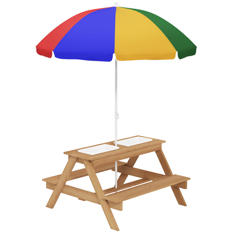Kids Picnic Table with Sand and Water Play, Wooden Benches and Adjustable Parasol by AIYAPLAY