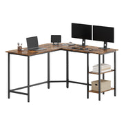 Vasagle L-shaped computer desk in rustic brown and ink black, set up with a laptop, tablet and two monitors on a white background