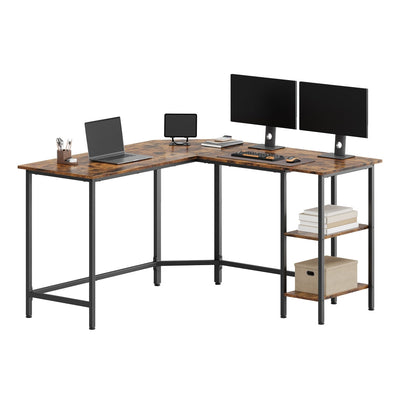 Vasagle L-shaped computer desk in rustic brown and ink black, set up with a laptop, tablet and two monitors on a white background