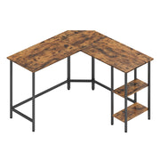 Plain studio view of the rustic brown and ink black L-shaped desk with 2 open shelves on the right-hand side