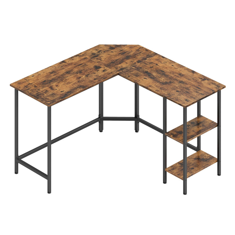 Plain studio view of the rustic brown and ink black L-shaped desk with 2 open shelves on the right-hand side