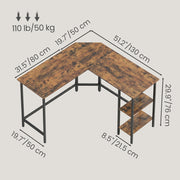 Dimensions diagram of the L-shaped desk showing a 130 cm arm and an 80 cm arm, 76 cm height, 50 cm deep tops and 21.5 cm shelves