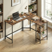 L-shaped desk in a home office corner beside a bookcase, holding a laptop, desk lamp and files on the shelves