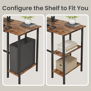 Two-panel comparison showing the middle shelf removed to fit a PC tower and both shelves fitted for books and a storage box
