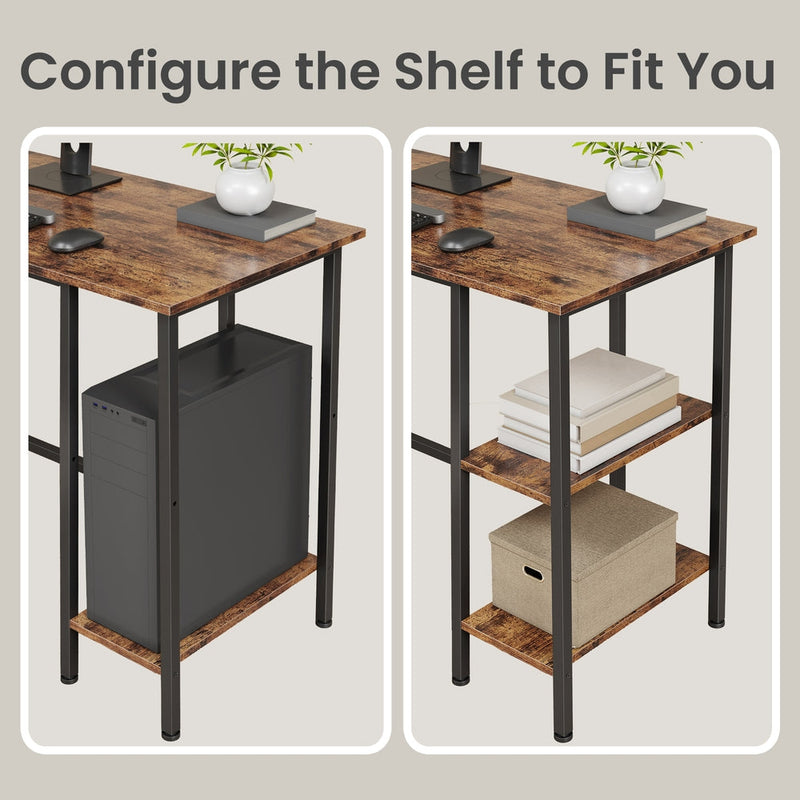 Two-panel comparison showing the middle shelf removed to fit a PC tower and both shelves fitted for books and a storage box
