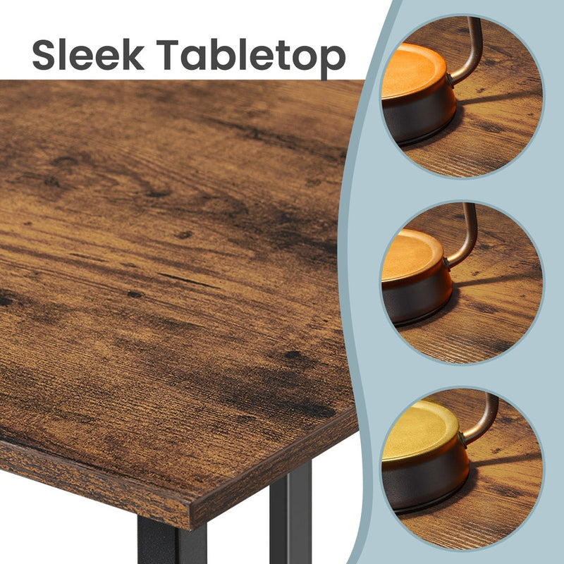 Close-up of the rustic brown woodgrain desktop with three inset circles showing a mug resting on the smooth surface