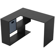 L-shaped computer desk studio view showing the corner shelving unit and fabric drawer