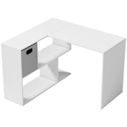L-shaped desk on a plain background with the fabric drawer slotted into the end shelf unit