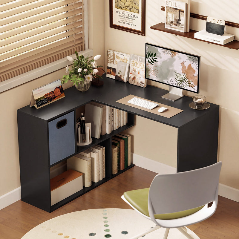 L-shaped desk styled in a home office corner with a monitor, chair and shelf storage