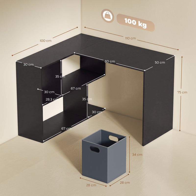 Dimension diagram of the L-shaped desk showing 110 x 100 x 75 cm frame and drawer sizes