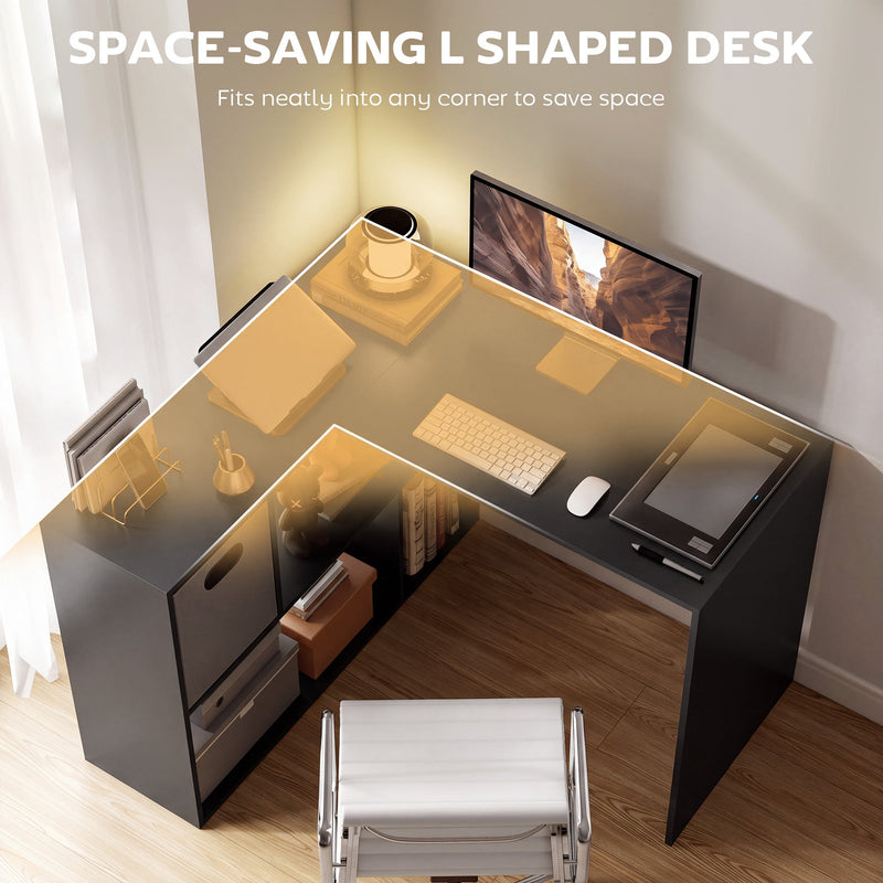 Overhead view of the L-shaped desk highlighting its space-saving corner design