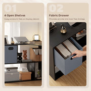 Close-up of the desk's four open shelves and pull-out fabric drawer