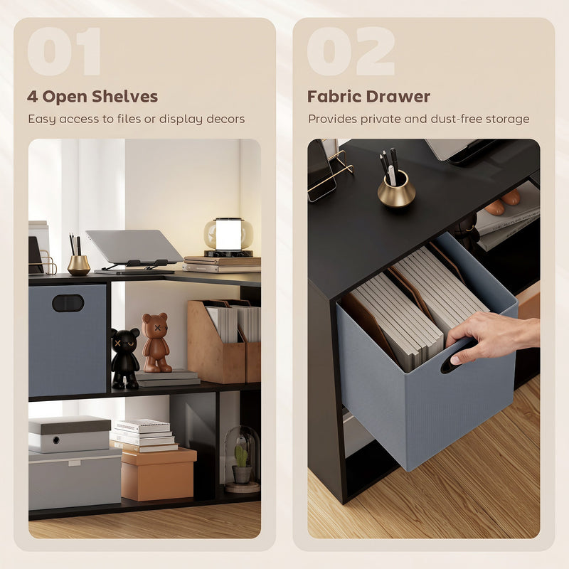Close-up of the desk's four open shelves and pull-out fabric drawer