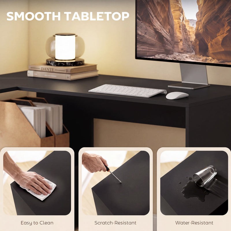 Close-up of the desk's smooth tabletop showing easy-clean, scratch and water resistance