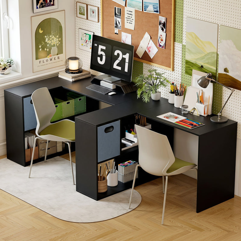 L-shaped desk styled as a shared workspace with two chairs