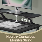 Close-up of the raised monitor stand clearance above the desk drawers