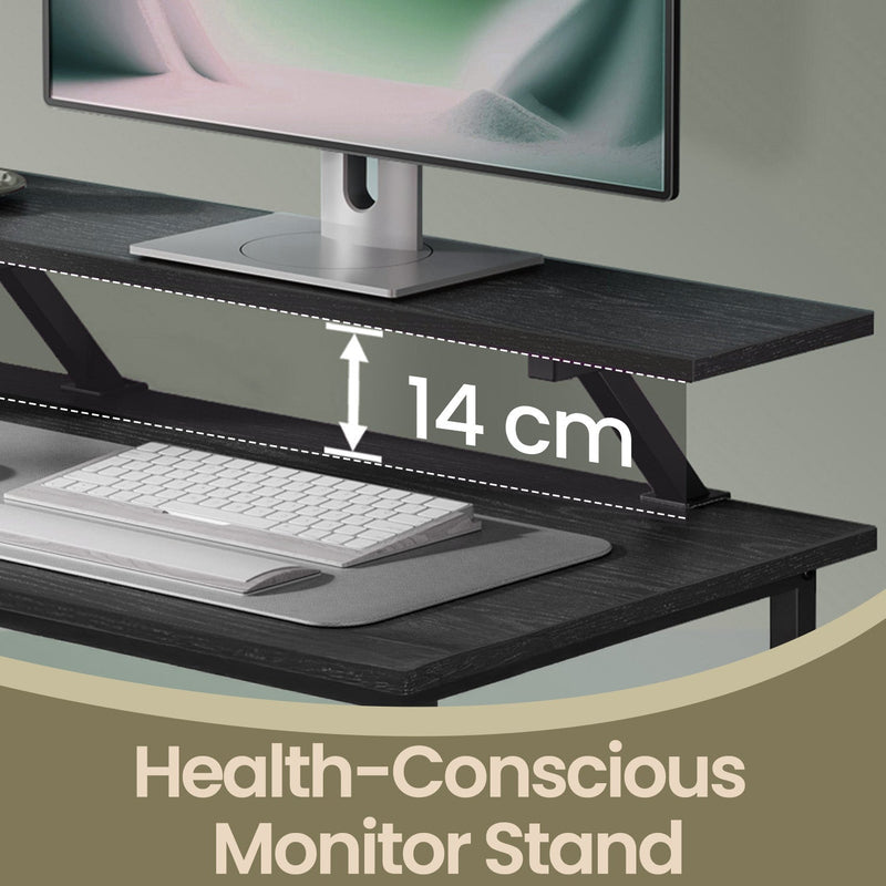 Close-up of the raised monitor stand clearance above the desk drawers