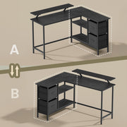 Diagram showing the L-shaped desk drawers and monitor stand can swap sides
